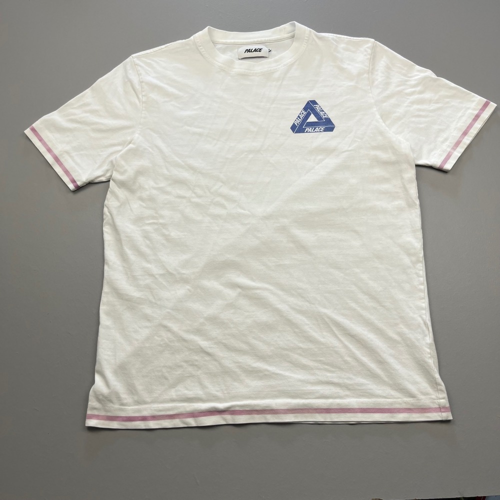 Palace T-Shirt Mens XL White Blue Tri-Ferg Logo Pink Striped Trim Streetwear - Picture 2 of 14